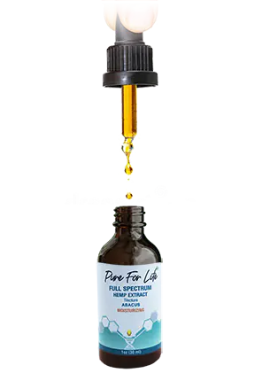 Нова Иновативна формула за натурална конопена екстракция! ръка, държаща капкомер и падащи капки от конопеното масло Pure For Life в неговата бутилчица